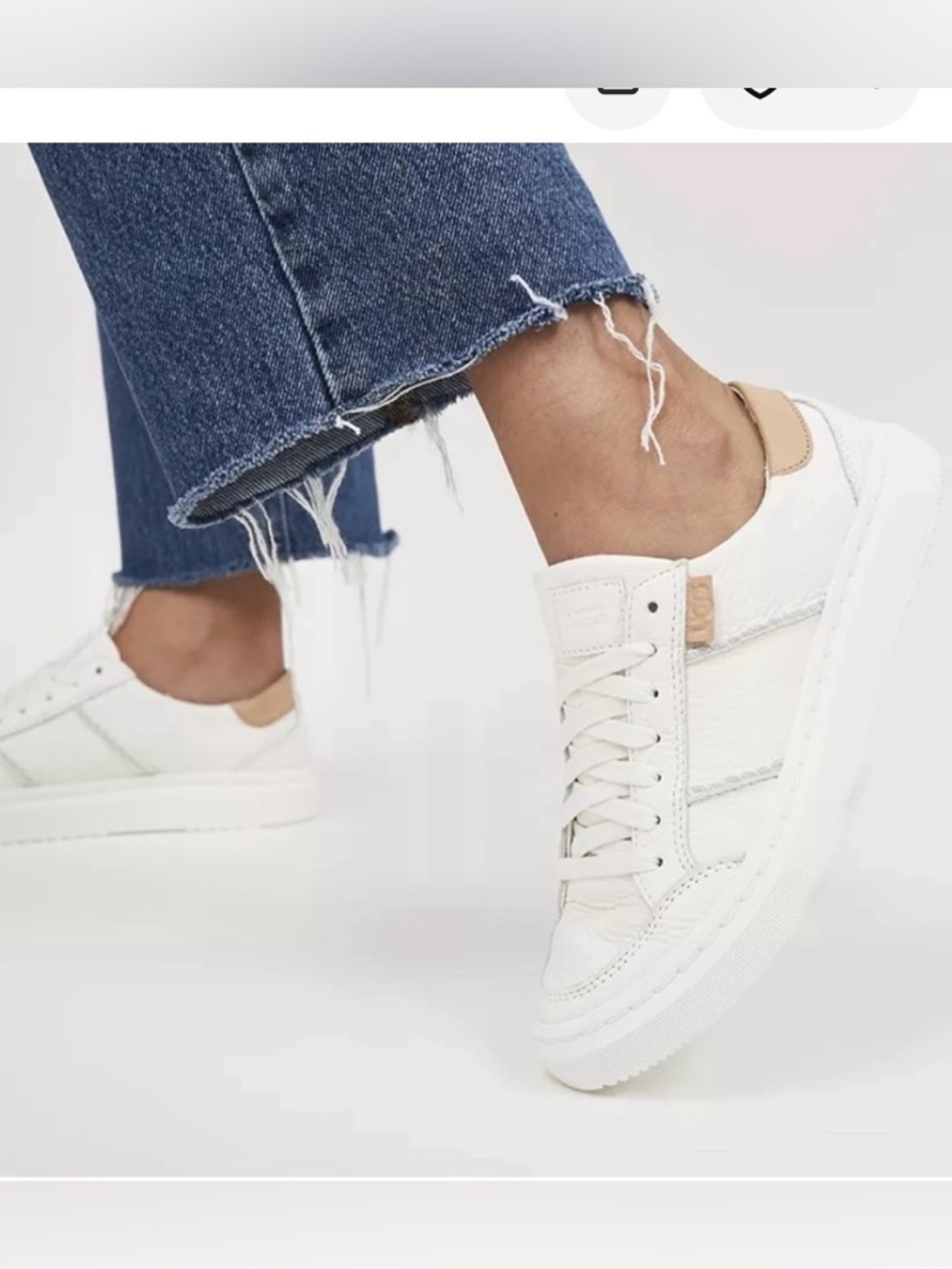 UGG White Leather Sneakers with Tan Heel Accent ALAMEDA SNEAKER